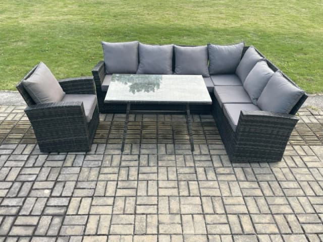 Fimous Outdoor Furniture Garden Dining Set Rattan Corner Sofa Chair Set Rectangular Dining Table with Temper Glass Dark Grey Mixed Dark Grey Unisex