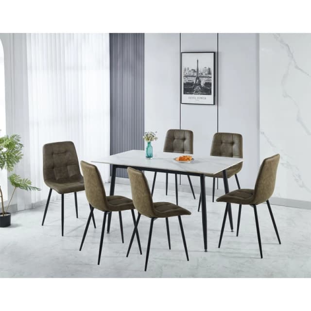 Seconique Fenton Dining Set White Marble Stone Effect With 6 Olive Green Suede Fabric Chairs