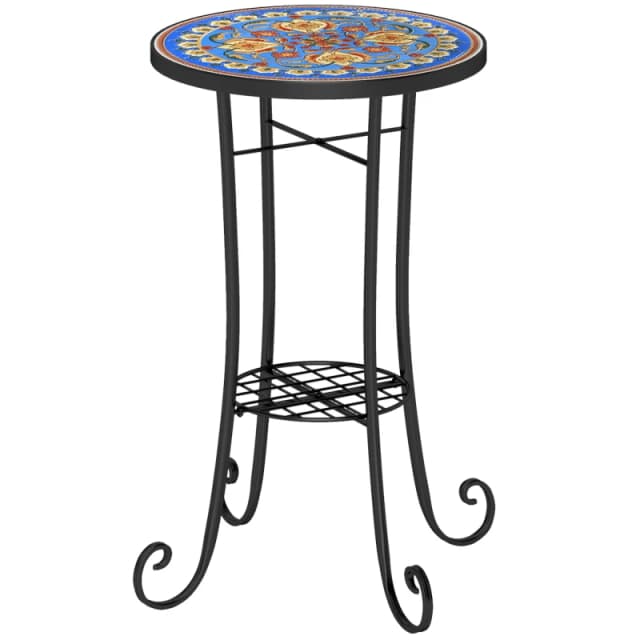 Outsunny 35.5cm Round Mosaic Garden Side Table Plant Stand w/ Shelf, Blue Light Blue