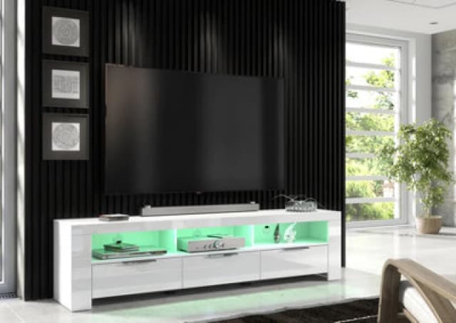 Furneo 200Cm White Long TV Stand Unit Cabinet Matt & High Gloss RGB (Multicoloured) LED Lights Phantom 10