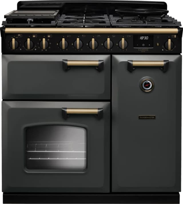 Rangemaster Classic Deluxe 90 CLDL90DFPSLT/AB1 90cm wide Dual Fuel Range Cooker with Gas Hob - Slate / Antique Brass - A Rated
