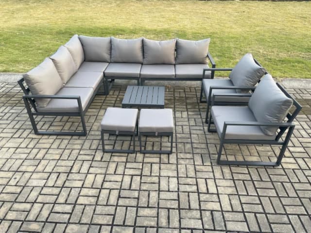 Fimous 10 Seater Aluminium Garden Furniture Set Outdoor Lounge Corner Sofa 2 Pcs Chair Square Coffee Table Sets with 2 Small Footstools Dark Grey Dark