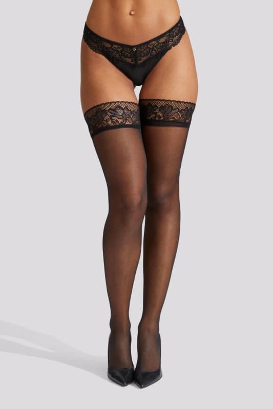 Ann Summers Womens Scallop Edged Lace Top Hold Ups in Black Size: XS Black Female XS
