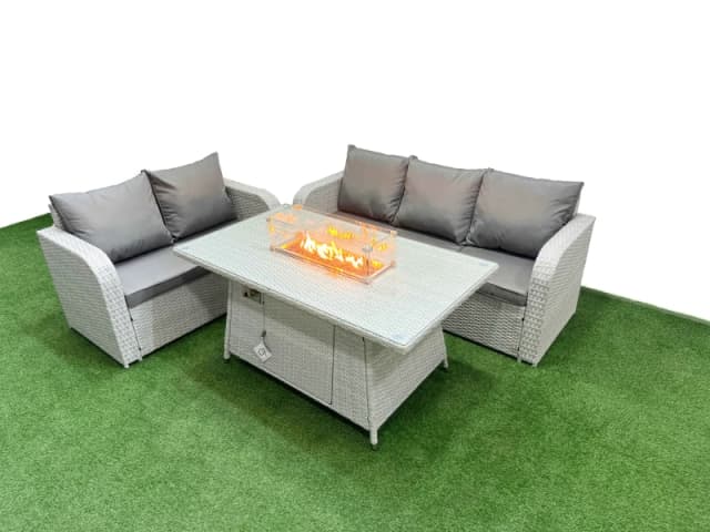 Fimous 5 Seater PE Rattan Wicker Garden Furniture Patio Conservatory Sofa Set with Firepit Dining Table 3 Seater Sofa Love Sofa Light Grey