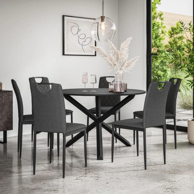 More4Homes Malvern Round Dining Table And Chairs - Black Table Top W Solid Oak Black Legs + Monza Fabric Dining Chair Set Of 6 (Charcoal)