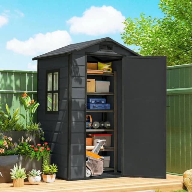 OUTSUNNY 4 x 3ft Plastic Garden Shed, Storage Shed with Window Vent in Dark Grey Dark Grey Unisex