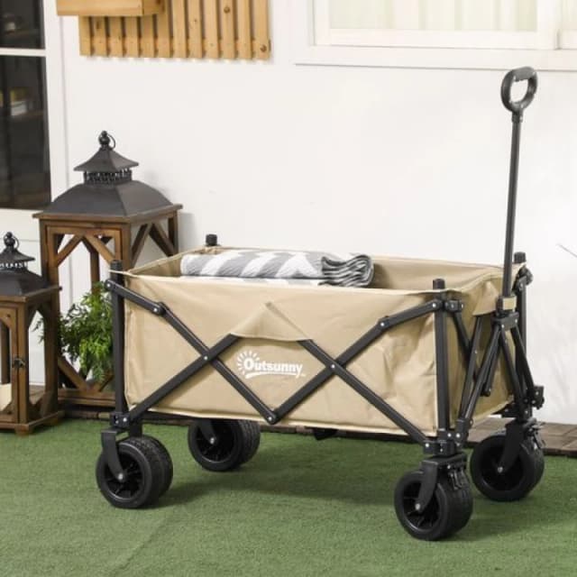 Outsunny Foldable Garden Cart, Outdoor Utility Wagon With Carry Bag, Khaki, Yellow 84H-130V00KK