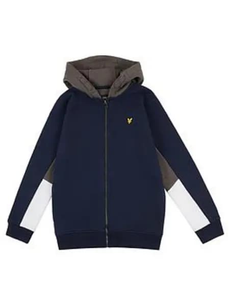 Lyle & Scott Boys Diagonal Cut & Sew Zip Thru Hoodie - Navy, Size 7-8 Years Navy VRWF1 Unisex 7-8 YEARS