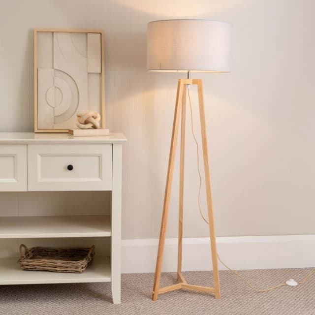 ValueLights Lottie Natural Wood Tripod Floor Lamp with Fabric Drum Shade Grey