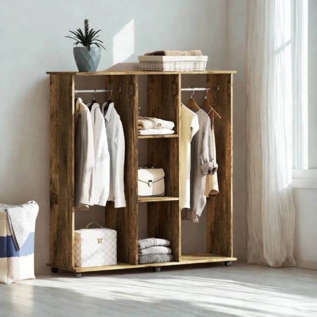 FURNOS Open Wardrobe Clothes Rail With Storage Shelves on Wheels Rustic in Brown Brown Unisex