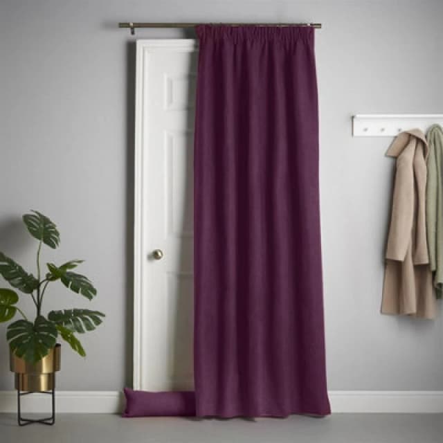 Luxury Living Velvet Chenille Thermal Fleece Lined Single Pencil Pleat Door Curtain Aubergine