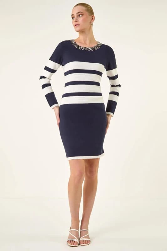 Roman Womens Jewel Trim Stripe Knitted Dress in Navy Size: 18 Navy Female 18