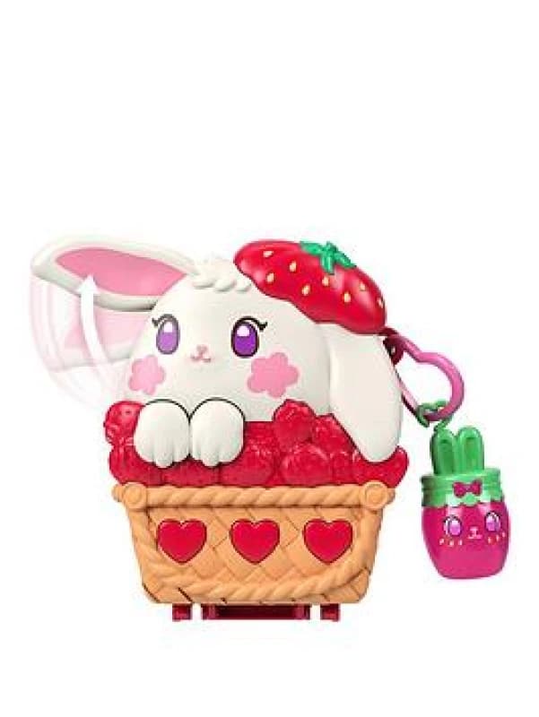 Polly Pocket Puppen und Spielset Erdbeer-Picknick Haschen-Schatulle Reisespielzeug mit 1 Mikropuppe Haustier und Zubehorteilen mit Obstmotiven JKC
