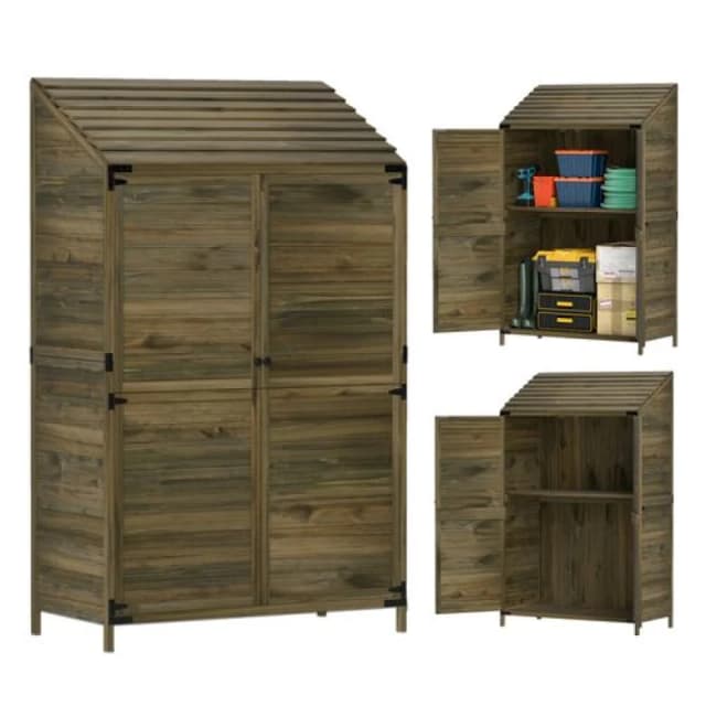 Outsunny Wooden Garden Storage Shed W/Double Doors And Shelves - Green TJ Hughes 5063603204324