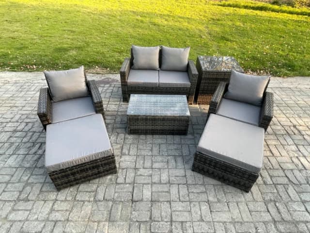 Fimous 6 Seater Dark Grey Outdoor Rattan Garden Furniture Set Patio Lounge Sofa Rectangular Coffee Table with 2 Big Footstool Dark Grey Unisex