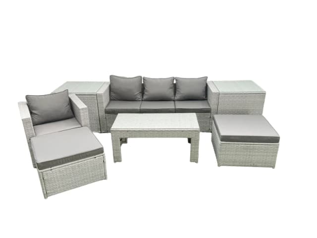 Fimous Outdoor Rattan Garden Furniture Set with Grey Cushions Luxury 6 Seater with 2 Big Footstools and Coffee Table,2 Side Tables For Conservatory,Pa