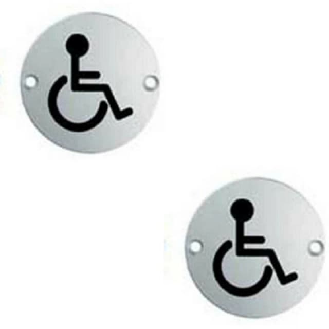 Loops 2x Bathroom Door Disabled Symbol Sign 64mm Fixing Centres 76mm Dia Steel Metallics