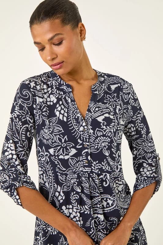 Roman Womens Abstract Print Buttoned Tunic Top in Navy Size: 10 Navy Female 10