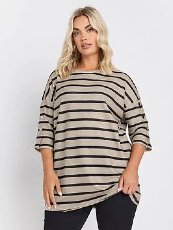 Yours Womens Striped Button Sleeve Top in Natural Size: 20 Natural Female 20