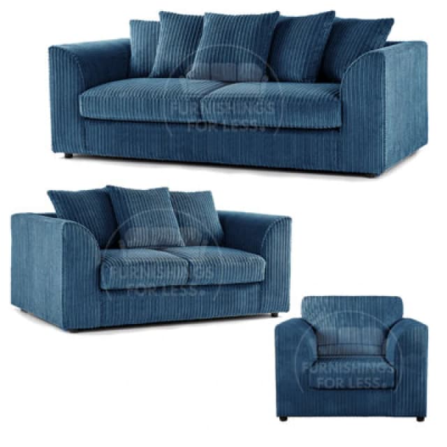 Furnishings For Less UK Luxor Jumbo Cord 3 + 2 + 1 Fabric 3 Piece Sofa Suite - Scatter Back Marine Blue