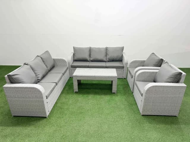 Fimous PE Rattan High Back Lounge Sofa Set Patio Oblong Coffee Table & Chairs Set with 3 Seater Sofa Reclining Chair Light Grey Light Grey