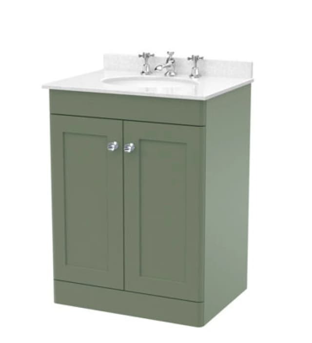 Nuie Classique Floor Standing 2 Door Vanity Unit & 3 Tap Hole Marble Top With White Oval Basin