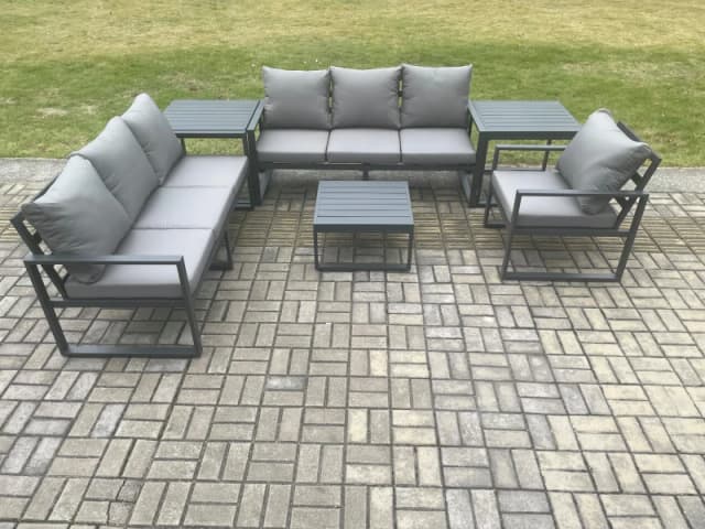 Fimous Aluminium 7 Seater Outdoor Garden Furniture Lounge Sofa Set with Square Coffee Table Chair 2 Side Table Dark Grey Dark Grey Unisex