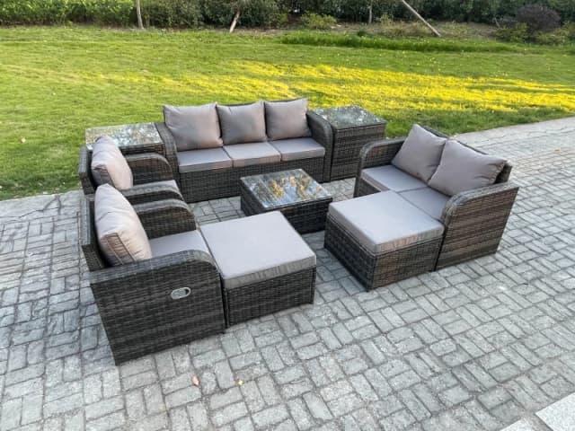 Fimous Rattan Garden Furniture 9 Piece Patio Set Table Sofa Chairs With 2 Big Footstool 2 Side Tables Dark Grey