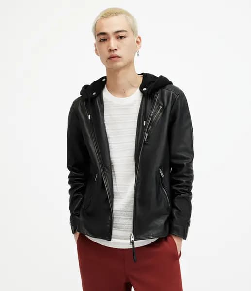 AllSaints Mens Leather Slim Fit Smooth Harwood Long Sleeve Zip Closure Biker Jacket with Removable Hood, Black, Size: XS