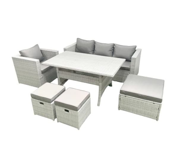 Fimous Garden Dining Set Outdoor Rattan Furniture Set with Sofa Dining Table 3 Footstools Light Grey Mixed Light Grey