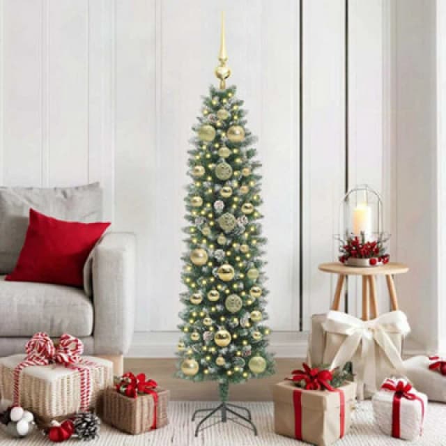 vidaXL Artificial Slim Christmas Tree with Gold Balls Green and white 150 cm, Green 3395285