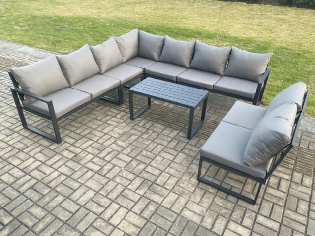 Fimous Aluminium 9 Seater Patio Outdoor Garden Furniture Lounge Corner Sofa Set with Oblong Coffee Table Dark Grey Dark Grey Unisex
