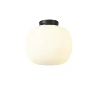 Cheektowaga Medium Oval Ball Flush Fitting E27 Matt Black Base With Frosted White Glass Globe