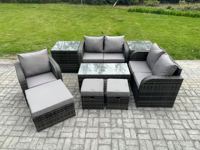 Fimous 8 Seater Rattan Outdoor Garden Furniture Sofa Set Patio Table & Chairs Set with 2 Side Tables 3 Footstools Dark Grey Mixed Dark Grey
