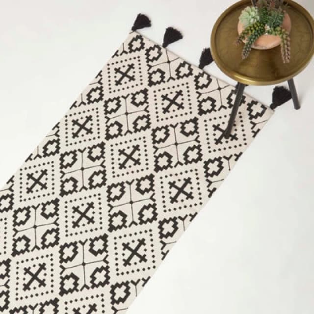 Homescapes Reva Black & White Handwoven Cotton Geometric Hallway Runner Rug 66 X 200 Cm