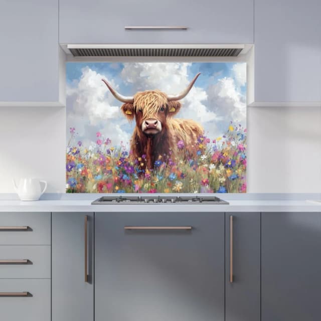 Warren Reed - Designer Highland Cow In A Summer Meadow Kitchen Splashback Size: 900mm x 650mm Multicolor Unisex 900mm x 650mm