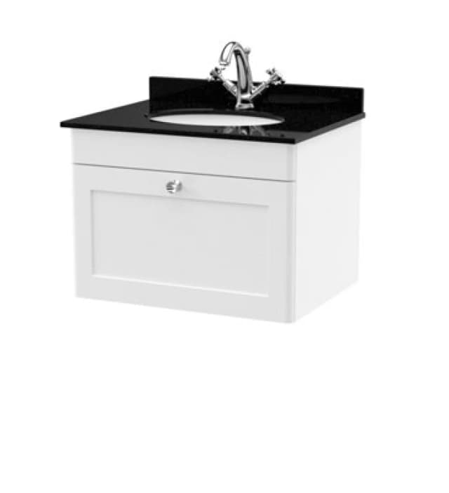 Nuie Classique Wall Hung 1 Drawer Vanity Unit & 1 Tap Hole Black Marble Top With Oval Basin, Sink Vanity Unit In Satin White With