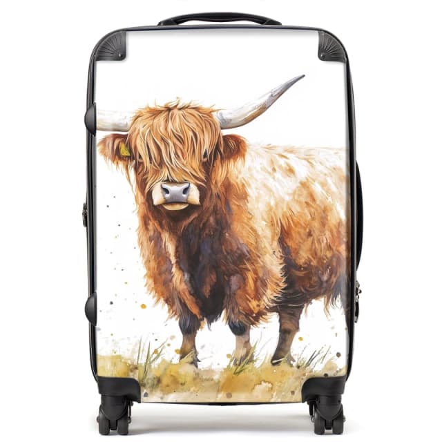 Warren Reed - Designer Watercolour Highland Cow Suitcase in Brown Size: Medium Brown Unisex Medium