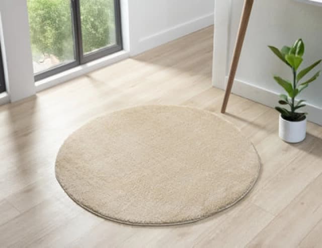 Comfy Washable Low Pile Living Room Area Rug - Anti Slip Felt Backing Light Beige 100Cm Diameter