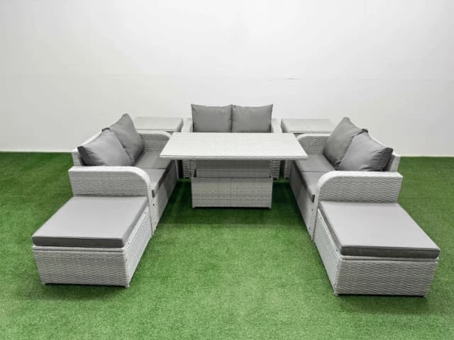 Fimous 8 Seater PE Wicker Rattan Furniture Sofa Sets with Adjustable Lifting Dining or Coffee Table 2 Seater Love Sofa 2 Big Footstool 2 Side Table Li