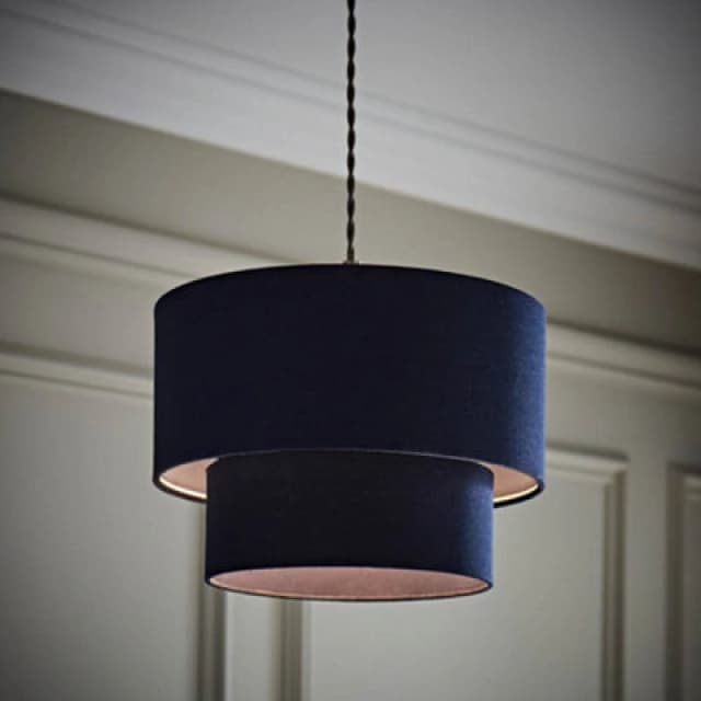 ValueLights ValueLights Jodie Linen Two Tier Easy Fit Drum Ceiling Light Lamp Shade with Bulb in Navy Navy One Size Unisex 5059406069796