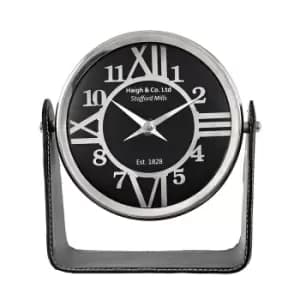 Colombo 19cm Black Leather Roman Numeral Rotary Desk Clock Nickel/Black