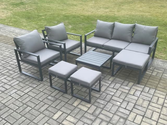 Fimous Aluminium Outdoor Lounge Sofa Set Garden Furniture Sets with Square Coffee Table 2 Chairs 3 Footstools Dark Grey 8 Seater Dark Grey Unisex