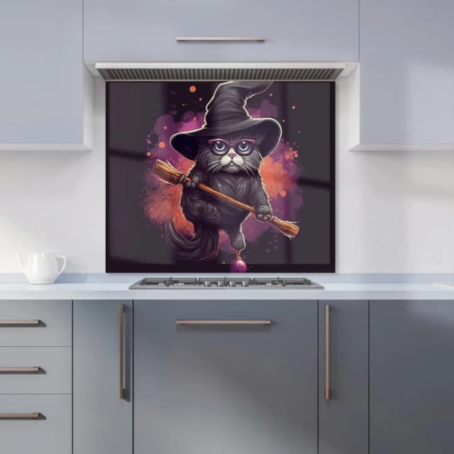 Warren Reed - Designer Cat & A Broom Kitchen Splashback Size: 700mm x 750mm Multicolor Unisex 700mm x 750mm
