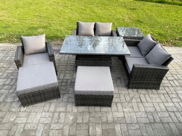 Fimous 7 Seater Outdoor Rattan Patio Furniture Set Garden Height Adjustable Rising Lifting Table Sofa Dining Sofa Set with Side Table 2 Big Footstool