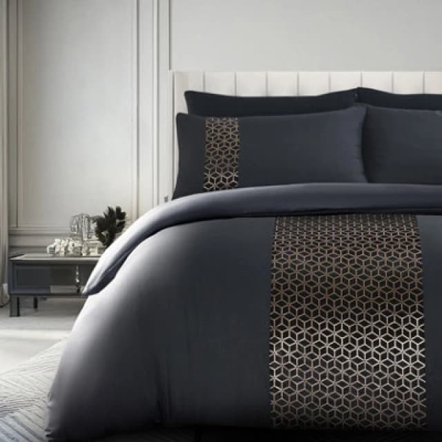 Velosso Elegant Foil Printed Duvet Cover & Pillowcase Set, Luxury Bedding, Modern Bed Covers With Stylish Geometric Pattern, - Black