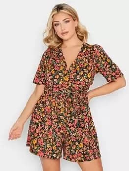 Yours Wrap Water Colour Floral Playsuit, Orange, Size 20, Women