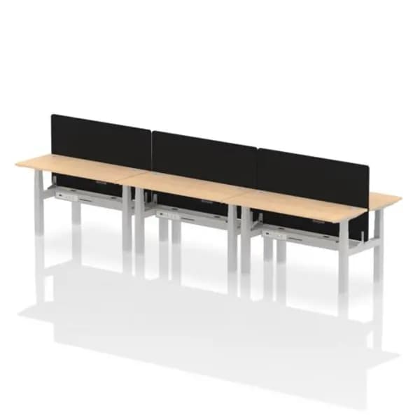 Air Air Back-to-Back 1400 x 600mm Height Adjustable 6 Person Bench Desk Maple Top with Cable Ports Silver Frame with Black Straight Screen HASCP6P146