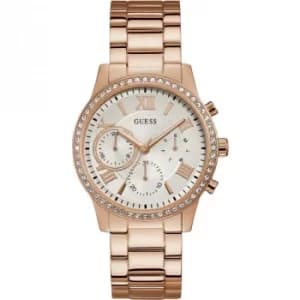 GUESS Ladies rose watch with crystals and white dial.