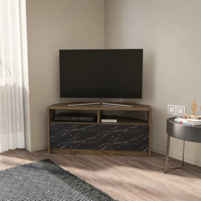 Decorotika Comero Corner TV Stand For Tvs Up To 43'' Walnut & Black Marble Effect